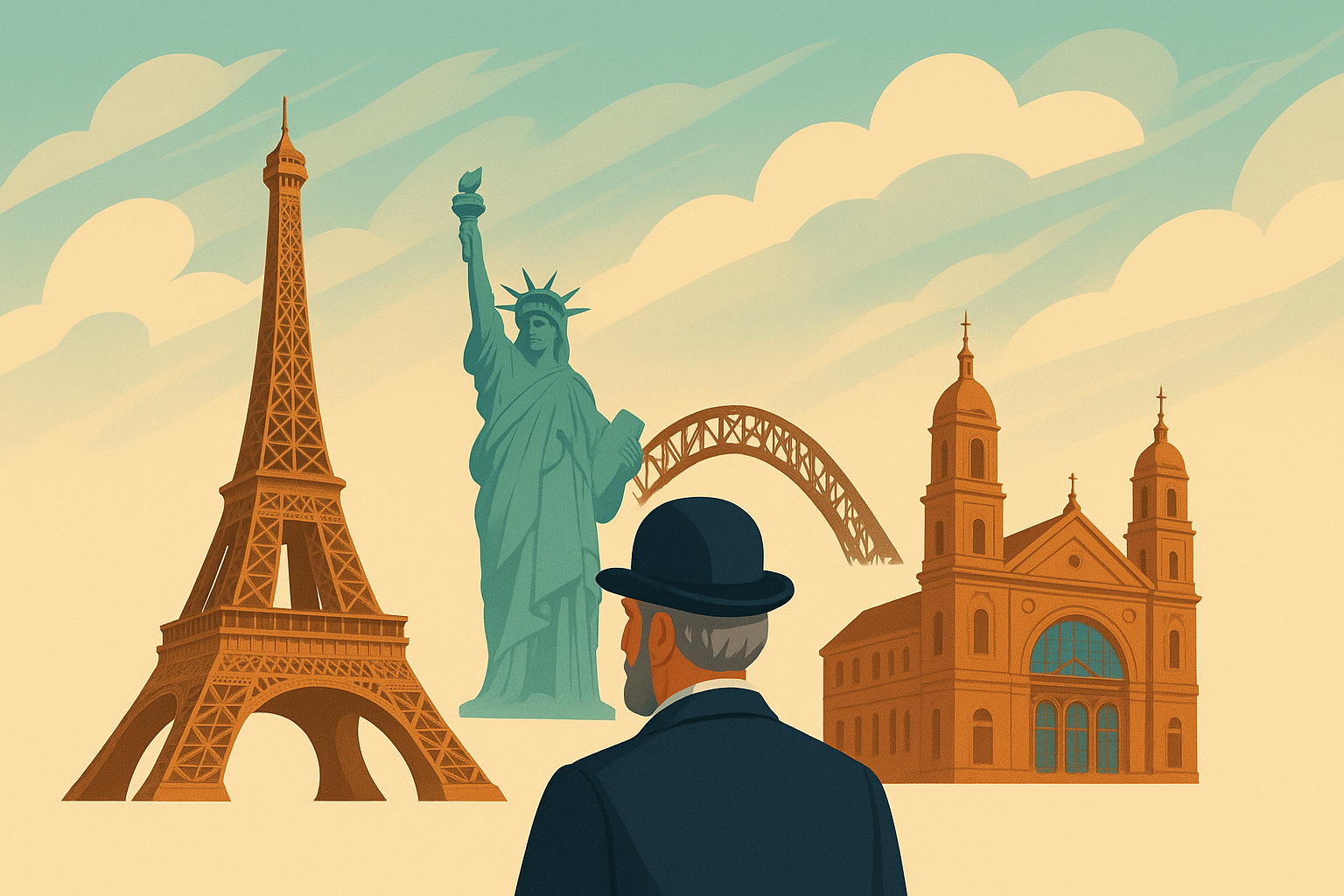 Gustave Eiffel regardant ses monuments : la tour Eiffel, La statue de la Liberté, La gare de Budapest