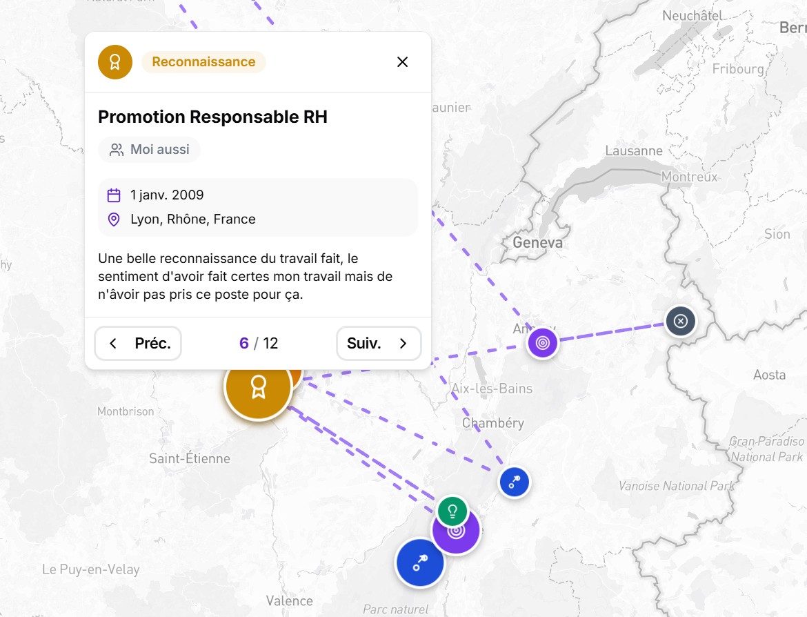 Vue Carte géographique - les évènements vues par l'angle du déplacement Exemple de carte géographique des évènements